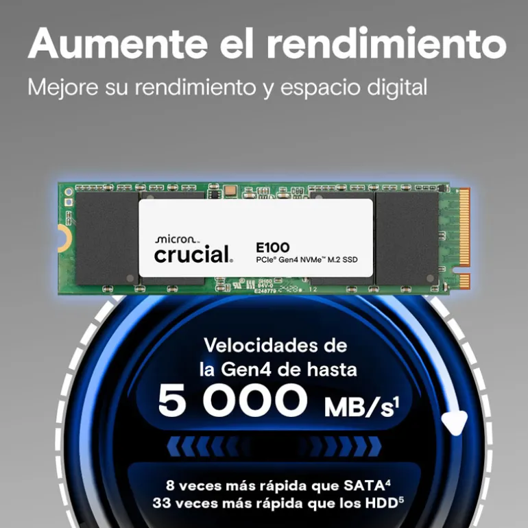 Disco Duro M.2 Crucial E100 1TB PCIe Gen4 x4 NVMe SSD Tray