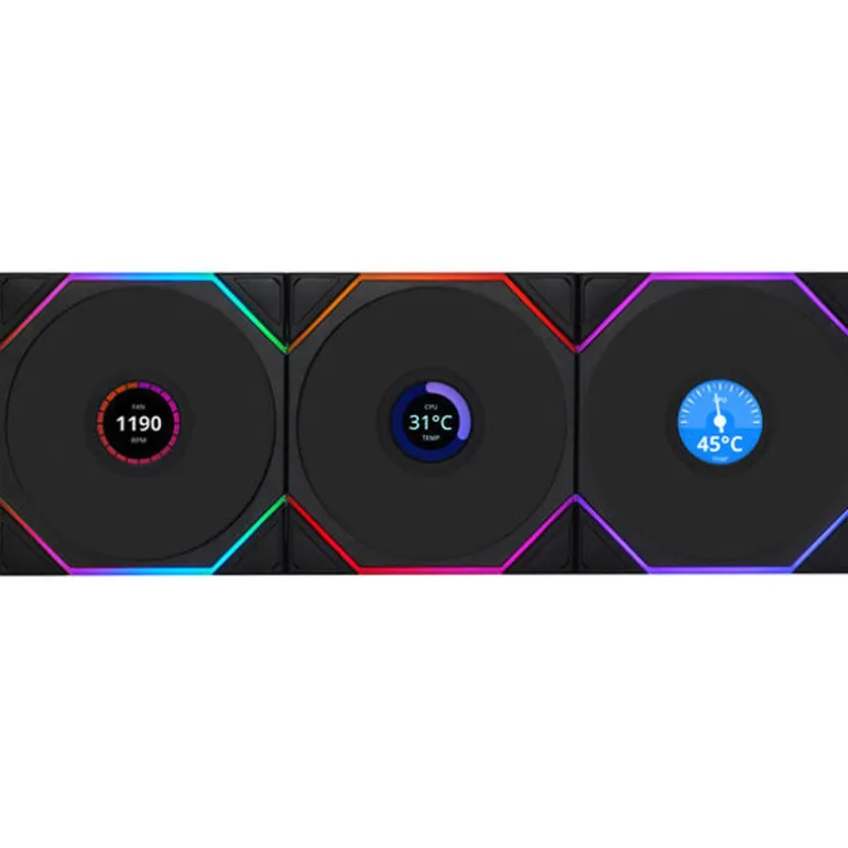 Ventilador Lian Li Uni Fan TL120 Wireless LCD ARGB Reverse Blade 120mm Triple Pack Negro